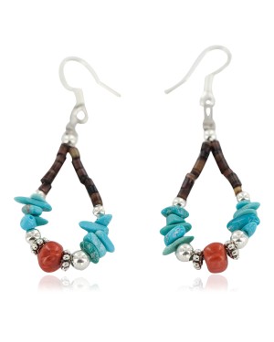Certified Authentic .925 Sterling Silver Hooks Coral Natural Turquoise Heishi Hoop Native American Dangle Earrings 18263-20