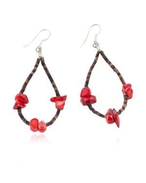 Certified Authentic .925 Sterling Silver Hooks Dangle Natural Heishi Coral Hoop Native American Earrings 18140