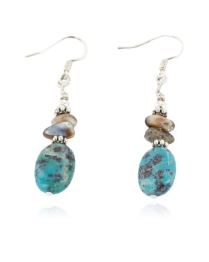 Certified Authentic .925 Sterling Silver Hooks Dangle Natural Turquoise Abalone Native American Earrings 18137-5
