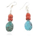 .925 Sterling Silver Hooks Dangle Natural Turquoise Coral Native American Earrings 18137-1