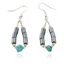 Certified Authentic .925 Sterling Silver Hooks Dangle Natural Turquoise Hematite Hoop Native American Earrings  18142