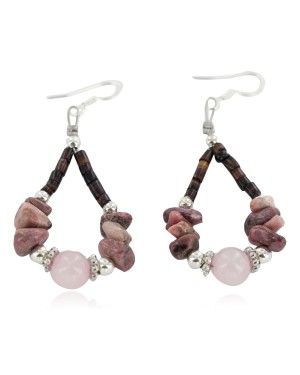 Certified Authentic .925 Sterling Silver Hooks Natural Charoite Pink Quartz Heishi Hoop Native American Dangle Earrings 18263-8