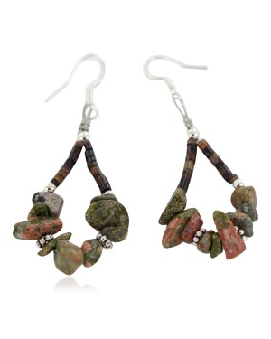 Certified Authentic .925 Sterling Silver Hooks Natural Green Jasper Heishi Hoop Native American Dangle Earrings 18263-19