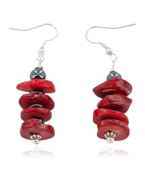 Certified Authentic .925 Sterling Silver Hooks Natural Hematite and Coral Native American Dangle Earrings 18156