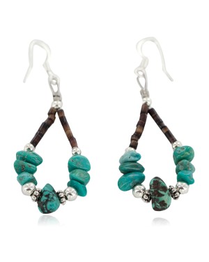 Certified Authentic .925 Sterling Silver Hooks Natural Spiderweb Turquoise Heishi Hoop Native American Dangle Earrings 18263-21