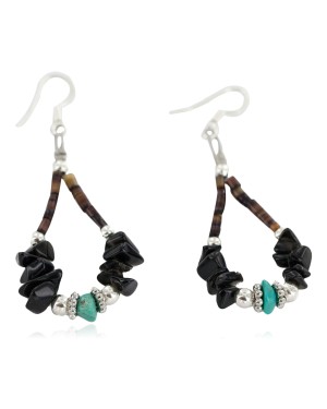 Certified Authentic .925 Sterling Silver Hooks Natural Turquoise Black Onyx Heishi Hoop Native American Dangle Earrings 18263-7