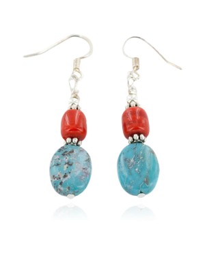 Certified Authentic .925 Sterling Silver Hooks Natural Turquoise Coral Dangle Native American Earrings 18137-4