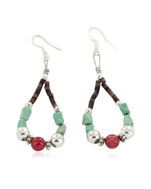 Certified Authentic .925 Sterling Silver Hooks Natural Turquoise Coral Heishi Hoop Navajo Native American Dangle Earrings 18263-40