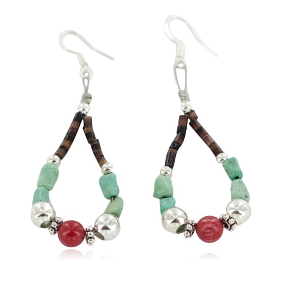 Certified Authentic .925 Sterling Silver Hooks Natural Turquoise Coral Heishi Hoop Navajo Native American Dangle Earrings 18263-40 Certified Authentic .925 Sterling Silver Hooks Natural Turquoise Coral Heishi Hoop Navajo Native American Dangle Earrings 18263-40