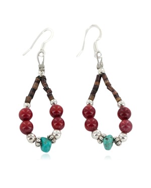 Certified Authentic .925 Sterling Silver Hooks Natural Turquoise Coral Heishi Native American Dangle Hoop Earrings 18263-10