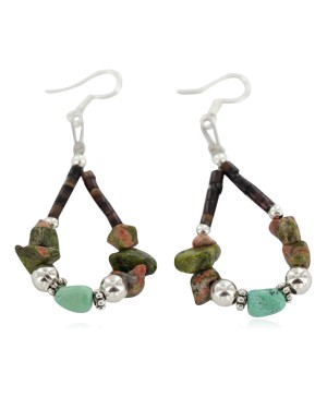 Certified Authentic .925 Sterling Silver Hooks Natural Turquoise Green Jasper Heishi Hoop Native American Dangle Earrings 18263-24