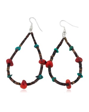 Certified Authentic .925 Sterling Silver Hooks Natural Turquoise Heishi Coral Hoop Native American Dangle Earrings 18248