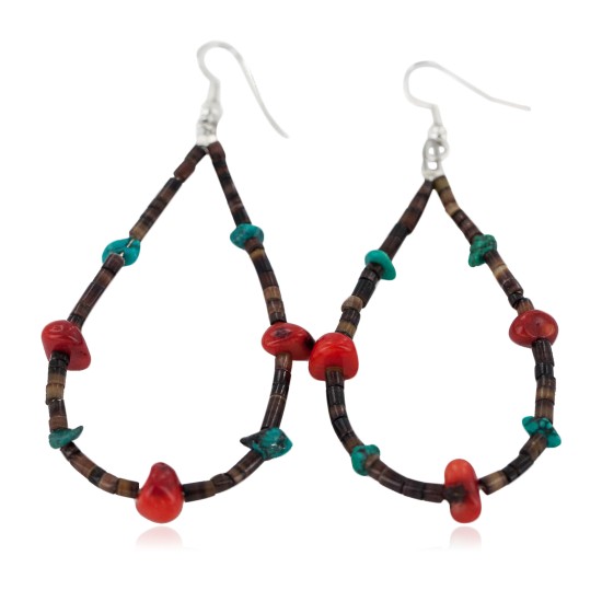 Certified Authentic .925 Sterling Silver Hooks Natural Turquoise Heishi Coral Hoop Native American Dangle Earrings 18248