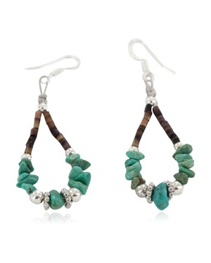 Certified Authentic .925 Sterling Silver Hooks Natural Turquoise Heishi Hoop Native American Dangle Earrings 18263-12
