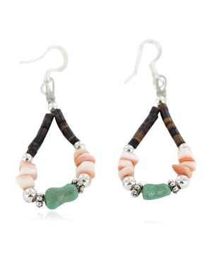 Certified Authentic .925 Sterling Silver Hooks Natural Turquoise Heishi Hoop Native American Dangle Earrings 18263-15