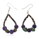 Certified Authentic .925 Sterling Silver Hooks Natural Turquoise Heishi Purple Quartz Hoop Native American Dangle Earrings 18215