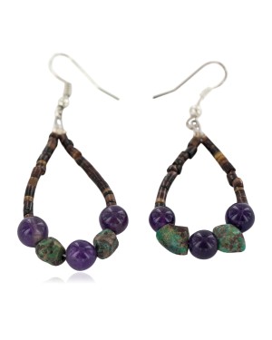 Certified Authentic .925 Sterling Silver Hooks Natural Turquoise Heishi Purple Quartz Hoop Native American Dangle Earrings 18215
