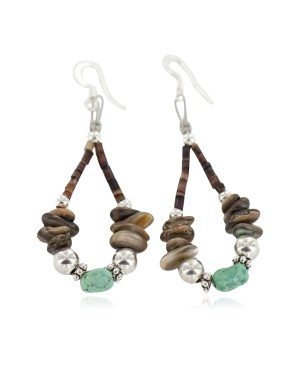 Certified Authentic .925 Sterling Silver Hooks Natural Turquoise Heishi Shell Hoop Native American Dangle Earrings 18263-13
