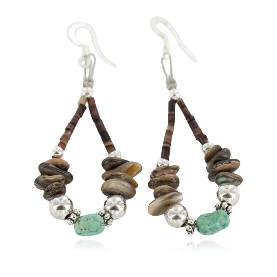 Certified Authentic .925 Sterling Silver Hooks Natural Turquoise Heishi Shell Hoop Native American Dangle Earrings 18263-13