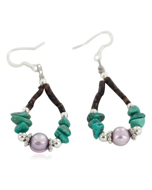 Certified Authentic .925 Sterling Silver Hooks Natural Turquoise Mother of Pearl Heishi Hoop Native American Dangle Earrings 18263-11