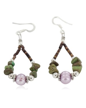 Certified Authentic .925 Sterling Silver Hooks Natural Turquoise Mother of Pearl Heishi Hoop Native American Dangle Earrings 18263-36