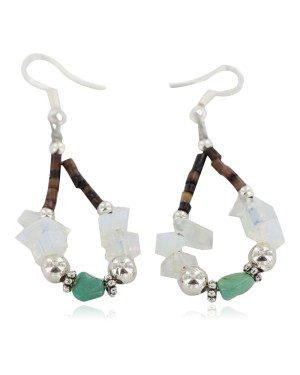 Certified Authentic .925 Sterling Silver Hooks Natural Turquoise Opalite Heishi Hoop Native American Dangle Earrings 18263-37