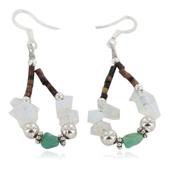 Certified Authentic .925 Sterling Silver Hooks Natural Turquoise Opalite Heishi Hoop Native American Dangle Earrings 18263-37