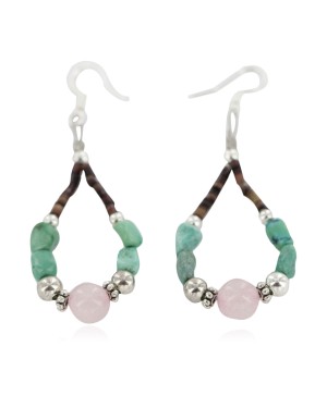 Certified Authentic .925 Sterling Silver Hooks Natural Turquoise Pink Quartz Heishi Hoop Native American Dangle Earrings 18263-28