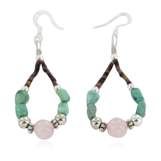 Certified Authentic .925 Sterling Silver Hooks Natural Turquoise Pink Quartz Heishi Hoop Native American Dangle Earrings 18263-28 Certified Authentic .925 Sterling Silver Hooks Natural Turquoise Pink Quartz Heishi Hoop Native American Dangle Earrings 18263-28