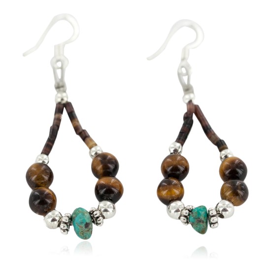 Certified Authentic .925 Sterling Silver Hooks Natural Turquoise Tigers Eye Heishi Hoop Native American Dangle Earrings 18263-14