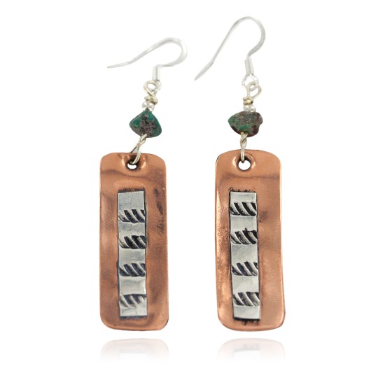 Certified Authentic .925 Sterling Silver Hooks Navajo Handmade Natural Turquoise Native American Pure Copper Dangle Earrings 18210-6