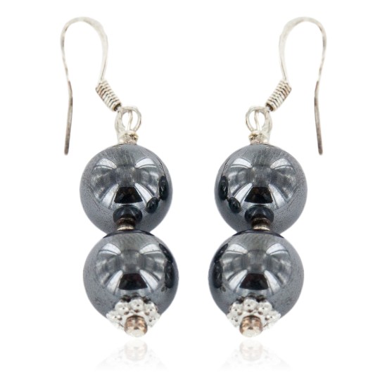 Certified Authentic .925 Sterling Silver Hooks Navajo Hook Natural Hematite Native American Earrings 18072-54
