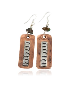 Certified Authentic .925 Sterling Silver Hooks Navajo Natural Handmade Turquoise Native American Pure Copper Dangle Earrings 18210-8