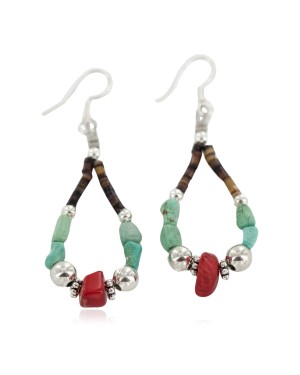 Certified Authentic .925 Sterling Silver Hooks Navajo Natural Turquoise Coral Heishi Hoop Native American Dangle Earrings 18263-23