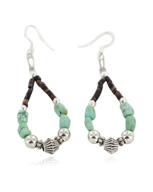 Certified Authentic .925 Sterling Silver Hooks Navajo Natural Turquoise Heishi Hoop Native American Dangle Earrings 18263-30