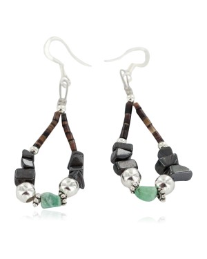 Certified Authentic .925 Sterling Silver Hooks Navajo Natural Turquoise Hematite Heishi Hoop Native American Dangle Earrings 18263-31
