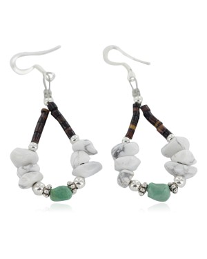 Certified Authentic .925 Sterling Silver Hooks White Howlite Heishi Hoop Native American Dangle Earrings 18263-9