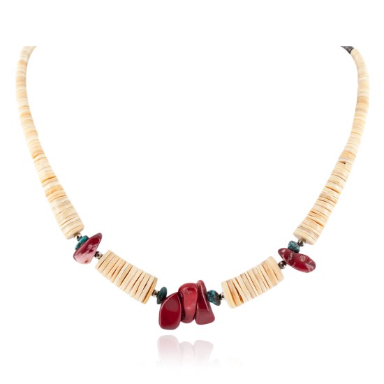 Certified Authentic .925 Sterling Silver Navajo Coral and Natural Turquoise Graduated Melon Shell Native American Necklace 15624-40