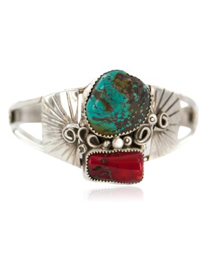 Certified Authentic .925 Sterling Silver Navajo Handmade Natural Turquoise Coral Native American Bracelet  1306