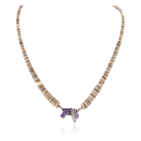 Certified Authentic .925 Sterling Silver Navajo Natural Amethyst and Graduated Heishi Native American Necklace 7501008-54