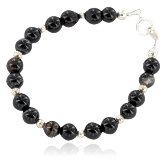 Certified Authentic .925 Sterling Silver Navajo Natural Black Agate Native American Bracelet 13040-3
