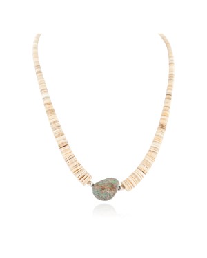 Certified Authentic .925 Sterling Silver Navajo Natural Graduated Melon Shell and Turquoise Native American Necklace  7501013-3