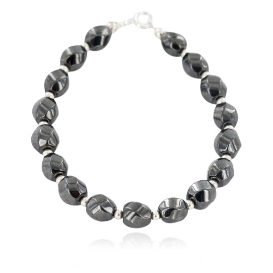Certified Authentic .925 Sterling Silver Navajo Natural Hematite Native American Bracelet 12907-2