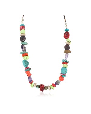 Certified Authentic .925 Sterling Silver Navajo Natural Multicolor Stones Native American Necklace 750215-2
