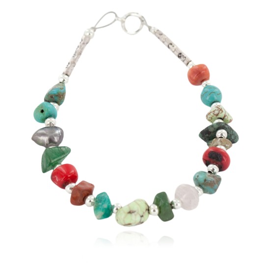 Certified Authentic .925 Sterling Silver Navajo Natural Turquoise and Multicolor Stones Native American Bracelet 12907-3