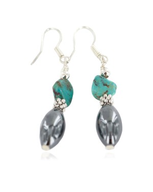 Certified Authentic .925 Sterling Silver Navajo Natural Turquoise Hematite Native American Dangle Earrings 18270-4