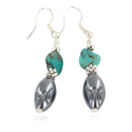 Certified Authentic .925 Sterling Silver Navajo Natural Turquoise Hematite Native American Dangle Earrings 18270-4