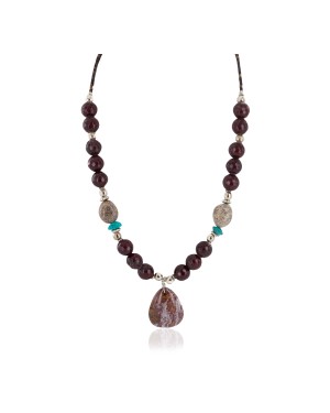 Certified Authentic .925 Sterling Silver Navajo Natural Turquoise Red Jasper Native American Necklace  750208-7