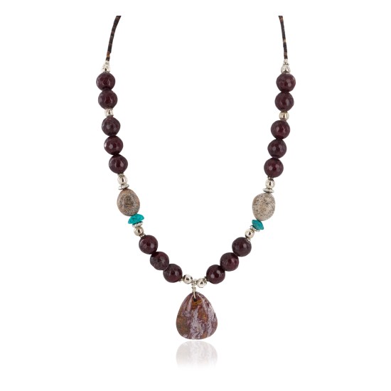 Certified Authentic .925 Sterling Silver Navajo Natural Turquoise Red Jasper Native American Necklace  750208-7