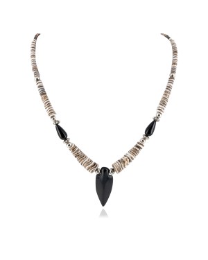 Certified Authentic Arrow Navajo .925 Sterling Silver Natural Graduated Melon Shell Black Onyx Native American Necklace 17082